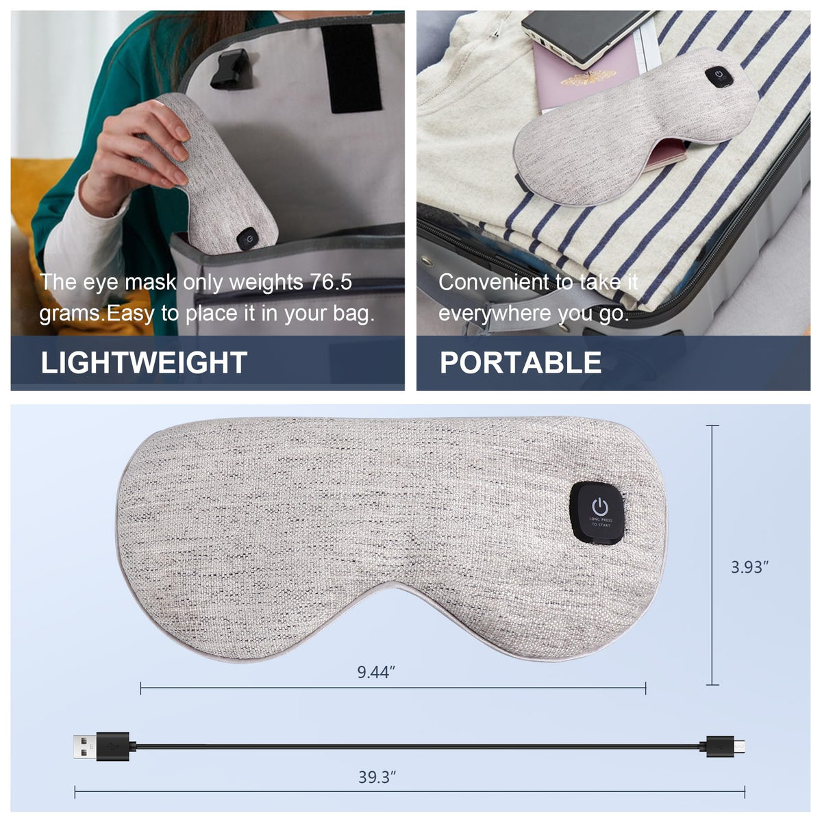 COMFYTHERA eye mask in use on a plane seat providing portable warmth and darkness
