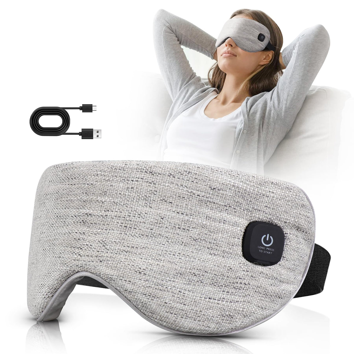 COMFYTHERA front view gray heated eye mask showing shape and coverage benefit