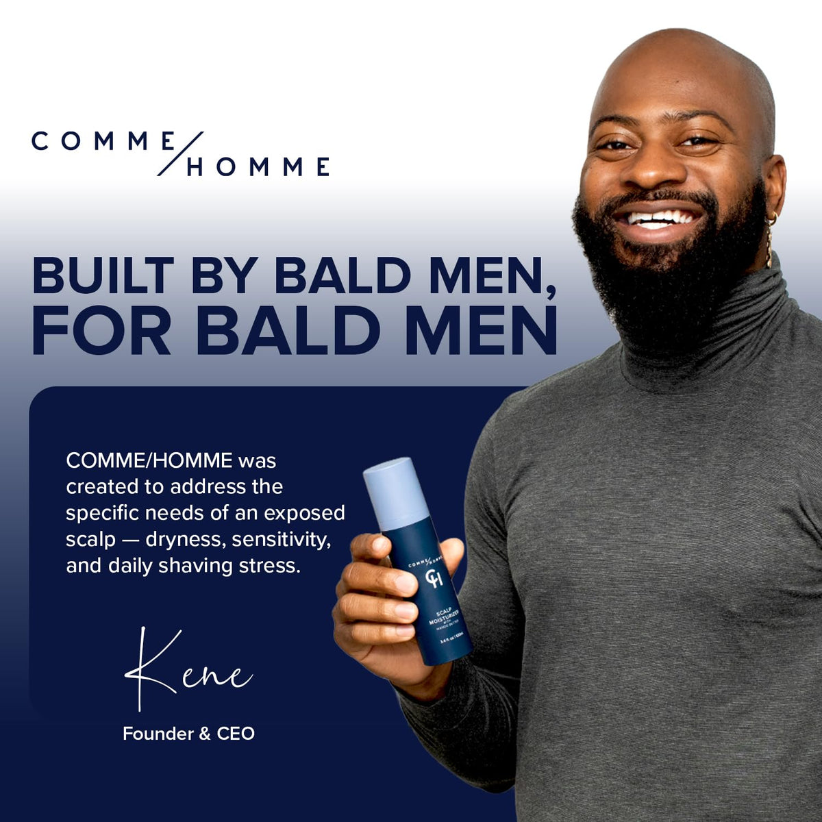 Comme Homme after-wash scalp smooth close-up showing soothed, comfortable skin benefit