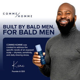 Comme Homme after-wash scalp smooth close-up showing soothed, comfortable skin benefit