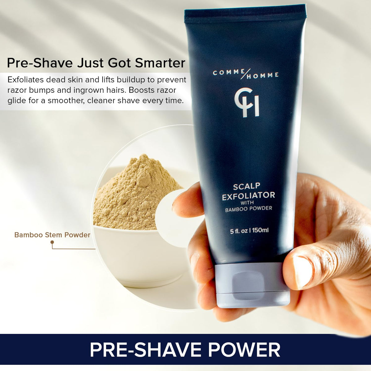 Comme Homme label close-up listing glycolic acid and aloe for clear ingredient visibility