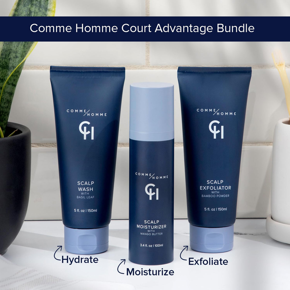 Comme Homme bottle on bathroom shelf in lifestyle scene promoting daily grooming routine