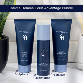 Comme Homme bottle on bathroom shelf in lifestyle scene promoting daily grooming routine