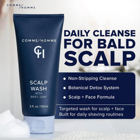 Comme Homme pump and label detail highlighting ingredients and easy dispensing benefit