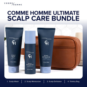 Comme Homme travel-ready toiletry bag arrangement showing portability and routine convenience