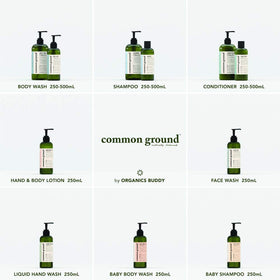 COMMON GROUND bottle staged in bathroom showing daily routine fit