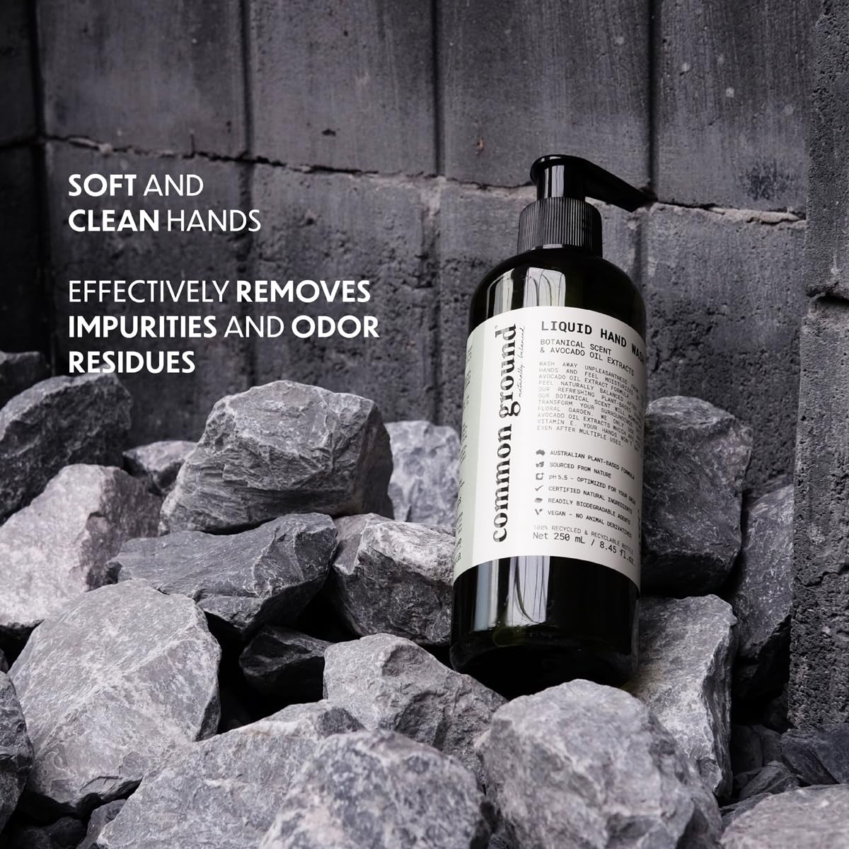 COMMON GROUND label closeup showing ingredient list and pH 5.5 benefit for skin balance