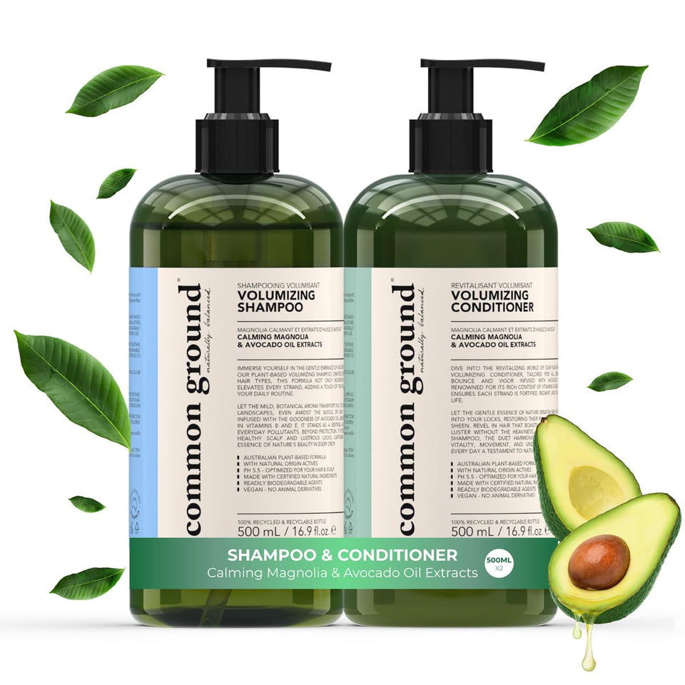 COMMON GROUND front packaging showing shampoo and conditioner, clear product identity and benefits