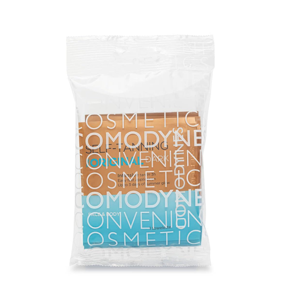 Comodynes compact pack front showing eight individually wrapped self tan towelettes and easy portability