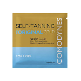Comodynes front packaging showing natural bronzing wipes and vegan claim