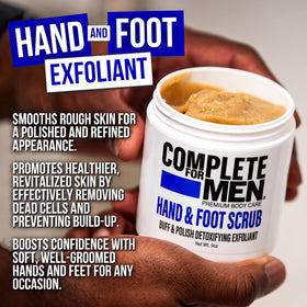 COMPLETE FOR MEN applied to feet in a shower setting for callus and dry heel care