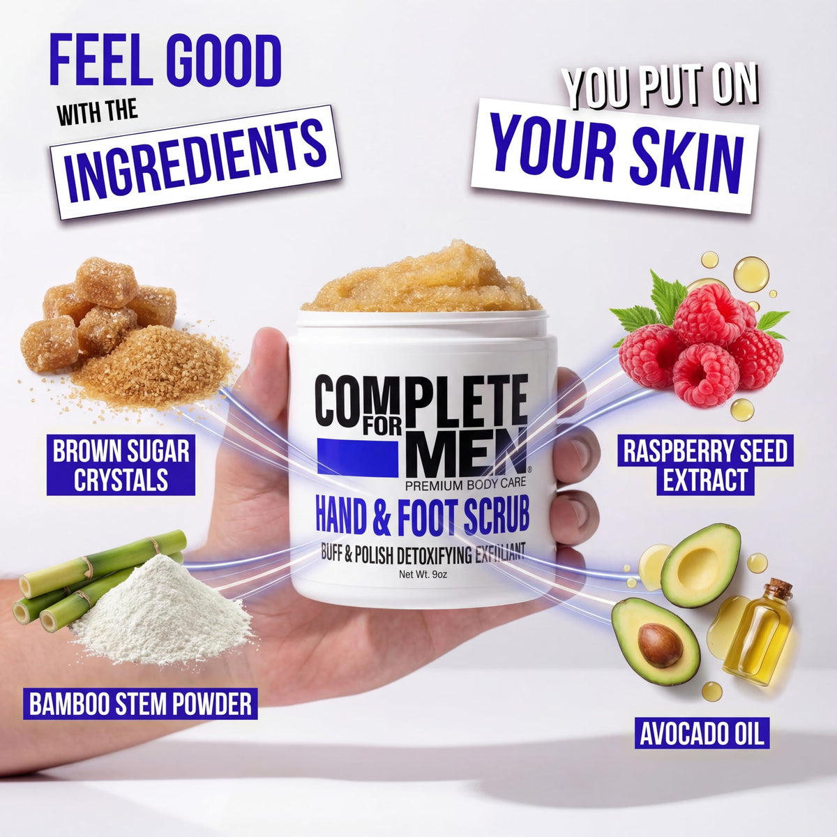 COMPLETE FOR MEN ingredients display with avocado and bamboo showing natural nourishment