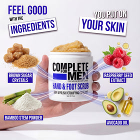 COMPLETE FOR MEN ingredients display with avocado and bamboo showing natural nourishment