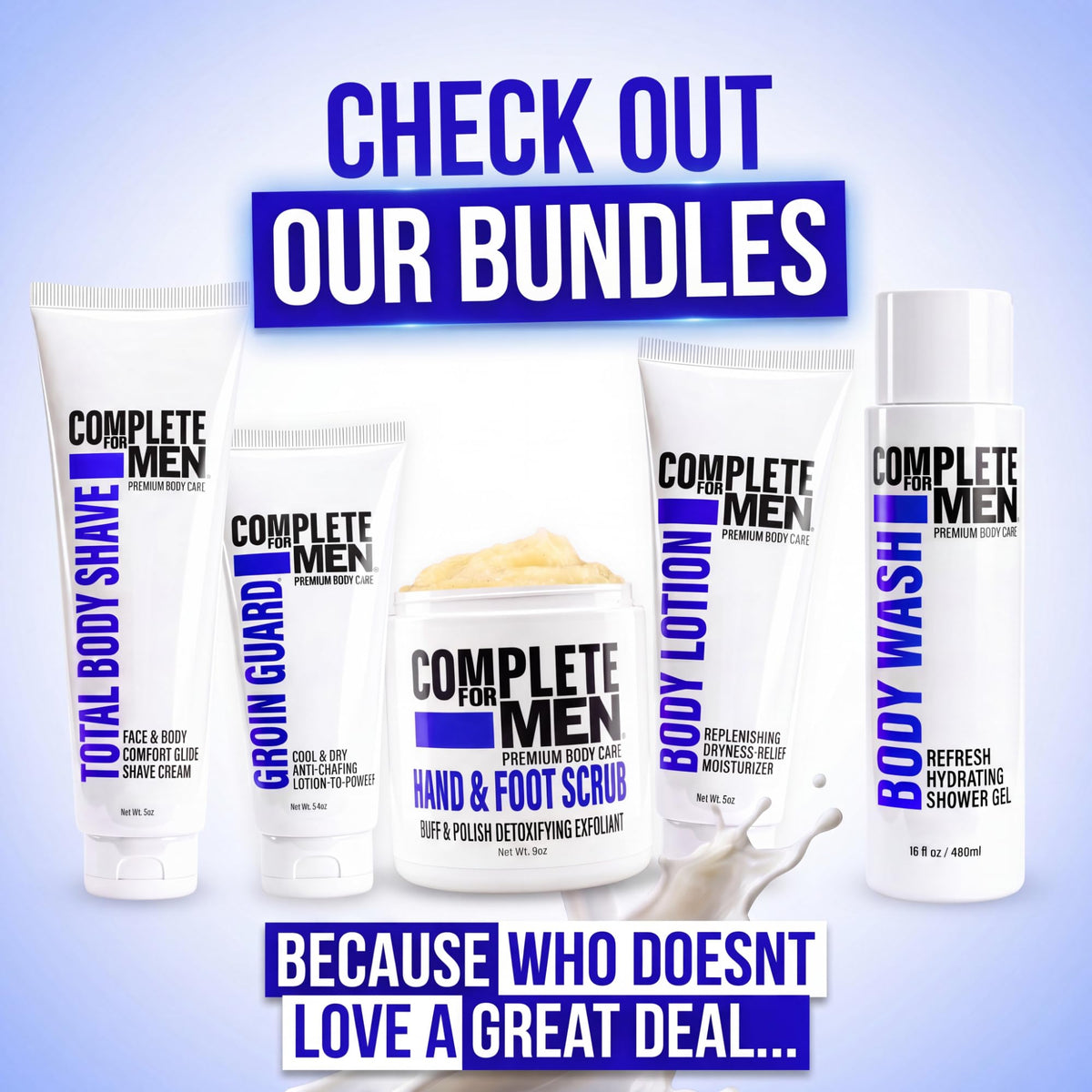 COMPLETE FOR MEN opened packaging with visible scrub surface emphasizing quality formulation