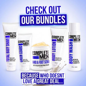 COMPLETE FOR MEN opened packaging with visible scrub surface emphasizing quality formulation