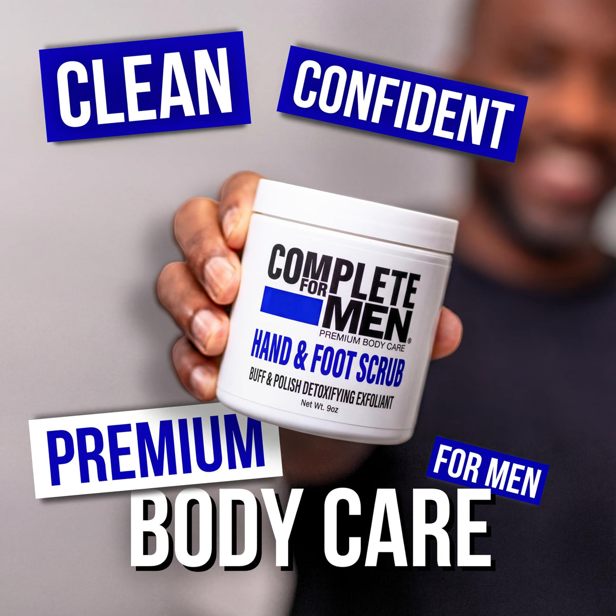 COMPLETE FOR MEN jar next to a ruler showing product size and travel-friendly scale