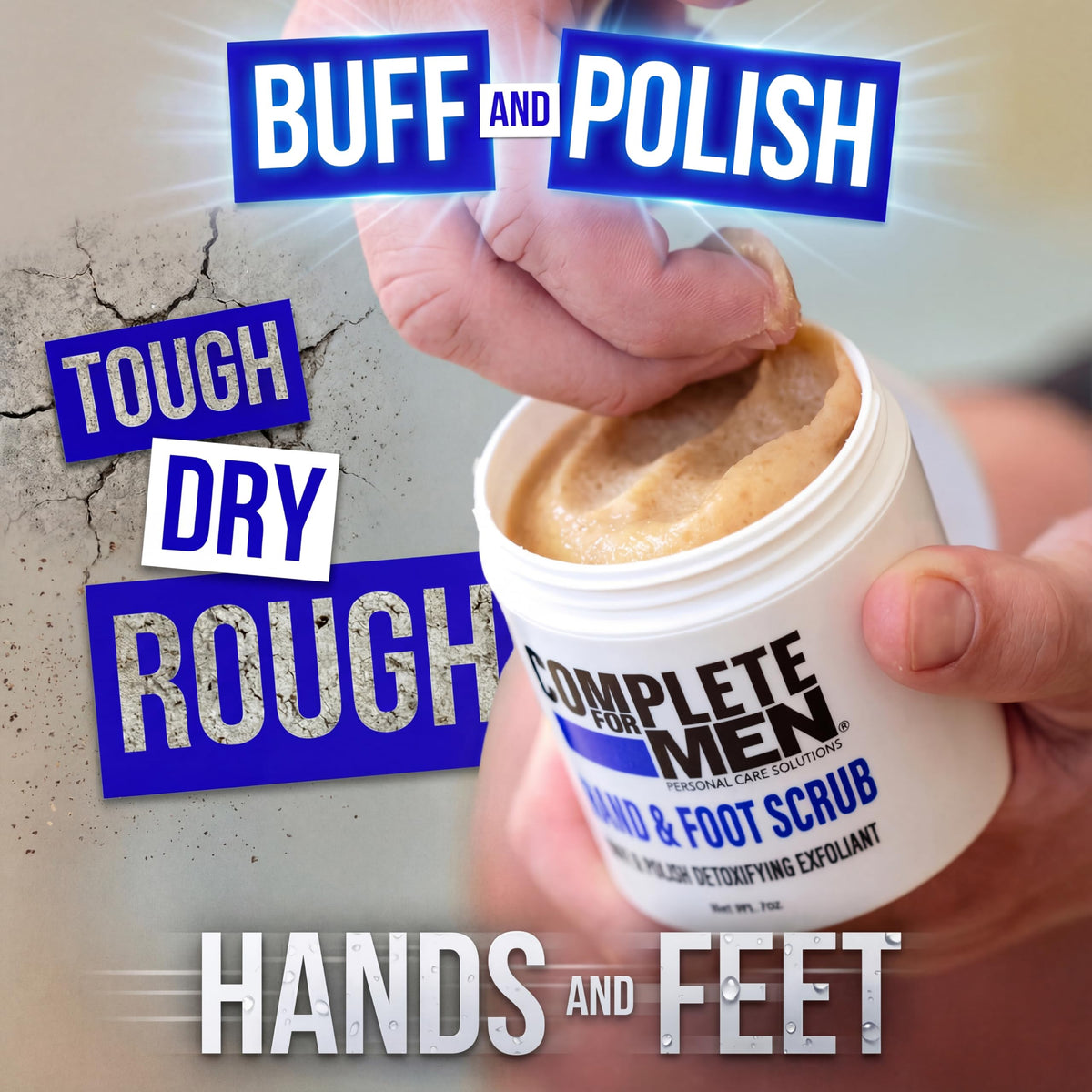 COMPLETE FOR MEN scrub texture close-up highlighting sugar crystals and moisturizing oils