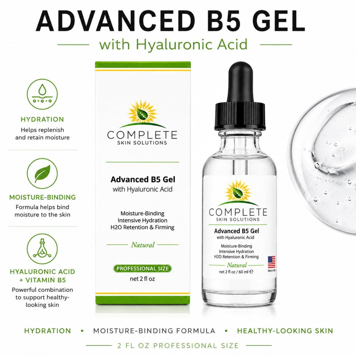 COMPLETE SKIN SOLUTIONS bottle on bathroom counter in routine setting showing daily use benefits