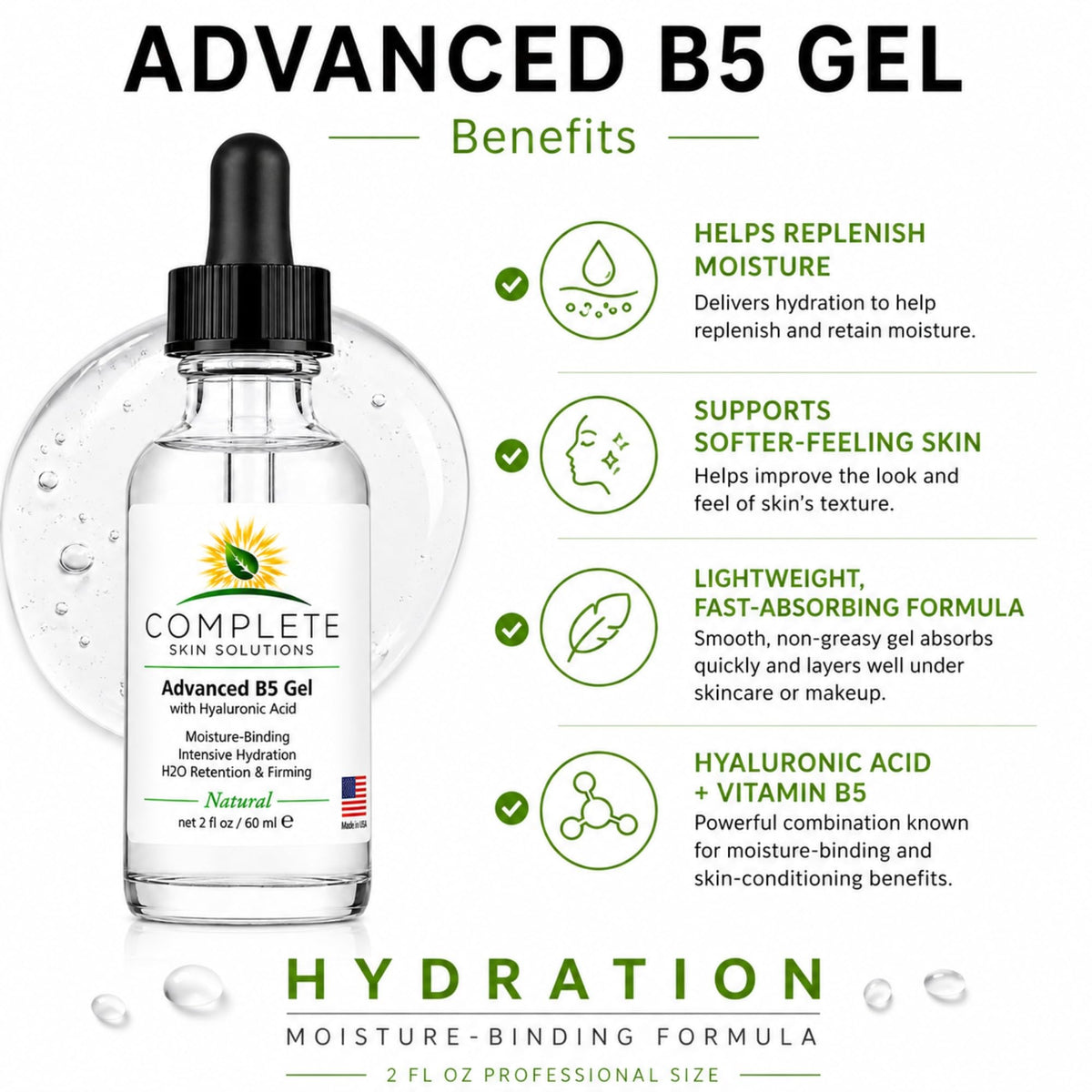 COMPLETE SKIN SOLUTIONS gel texture close-up highlighting lightweight, fast-absorbing hydration