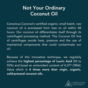 Conscious Coconut open jar top view displaying raw virgin oil and freshness
