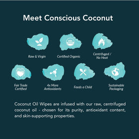 Conscious Coconut packet label detail highlighting organic raw oil and ingredient simplicity