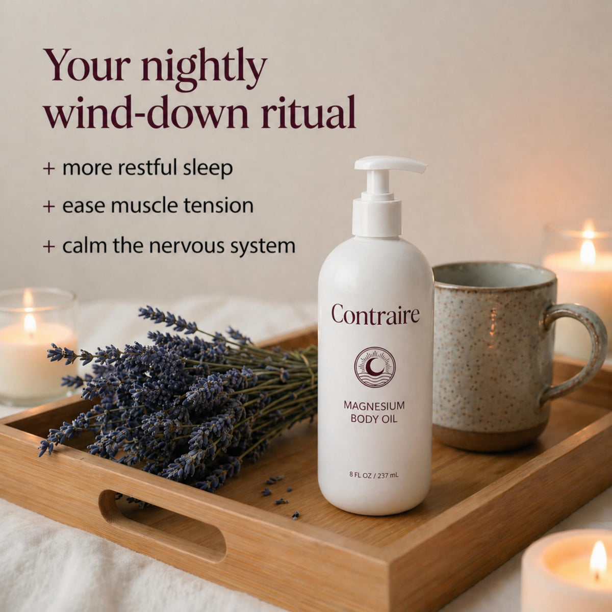 Contraire botanicals arrangement highlighting lavender bergamot cedarwood benefits
