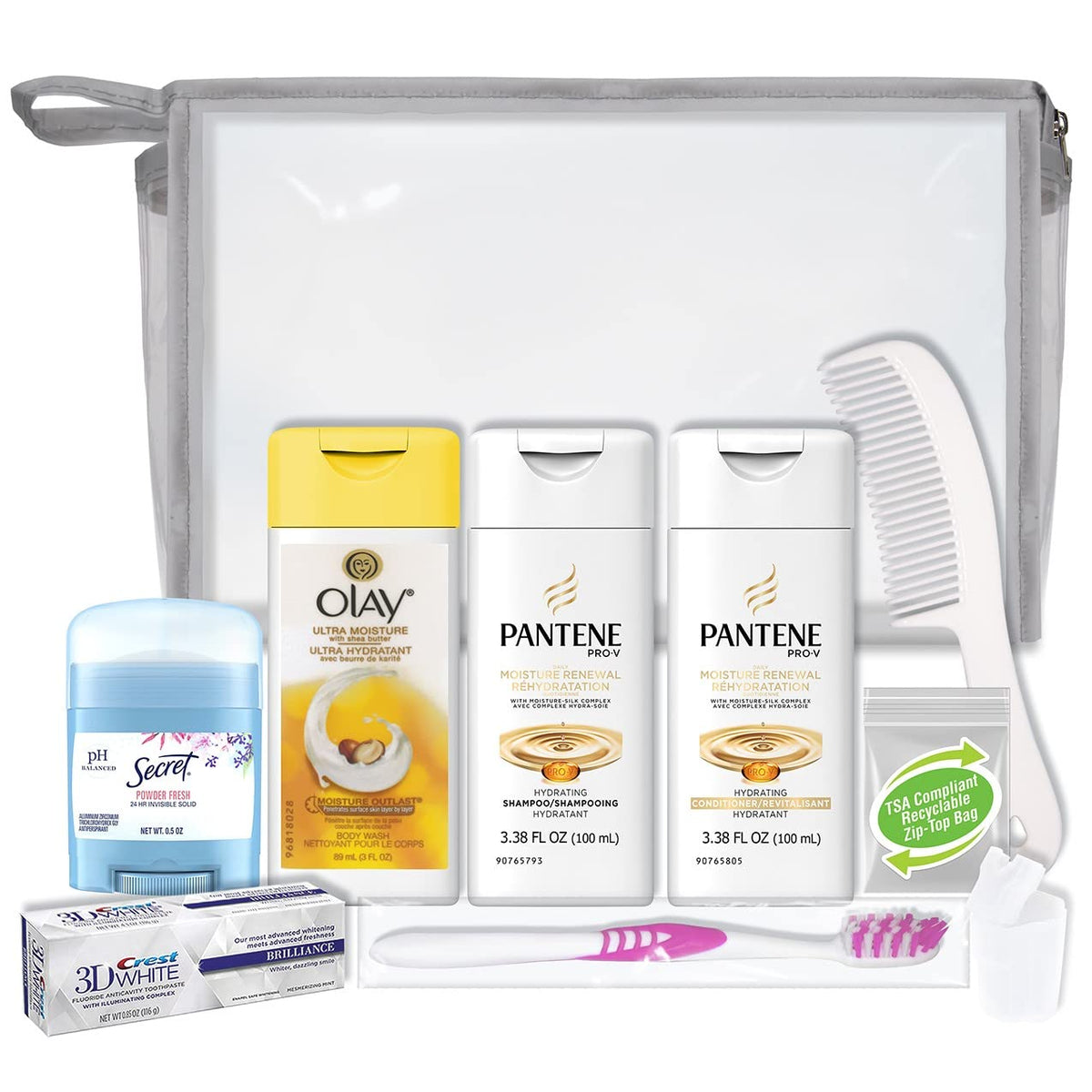 Convenience Kits International clear bag front view showing pouch and green lizard print for easy screening