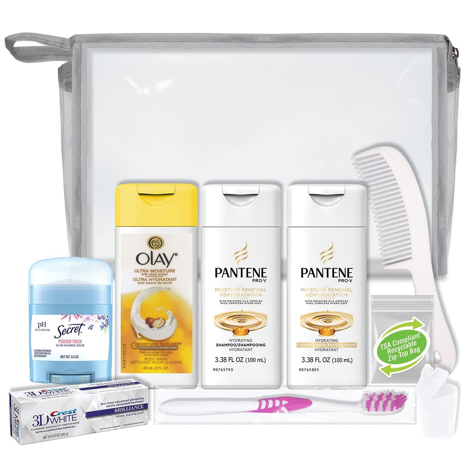 Convenience Kits International clear bag front view showing pouch and green lizard print for easy screening
