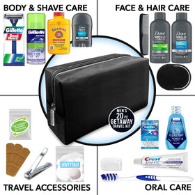 Convenience Kits International travel kit contents laid out showing Dove and Crest items, packing convenience