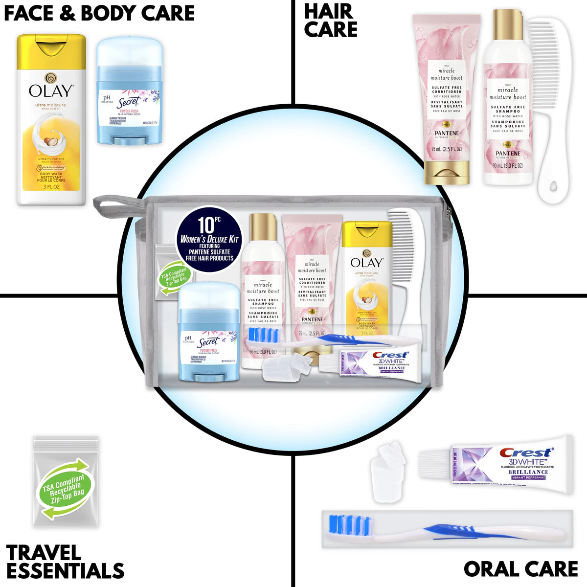 Convenience Kits International Pantene bottles close-up showing sulfate-free hair care benefits