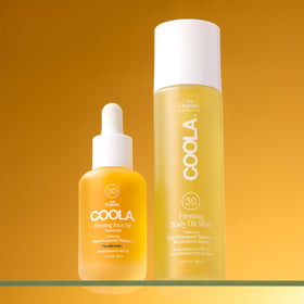 COOLA mist being applied on arm at beach illustrating quick protection and glow