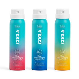 COOLA front packaging showing three clear spray bottles and travel convenience