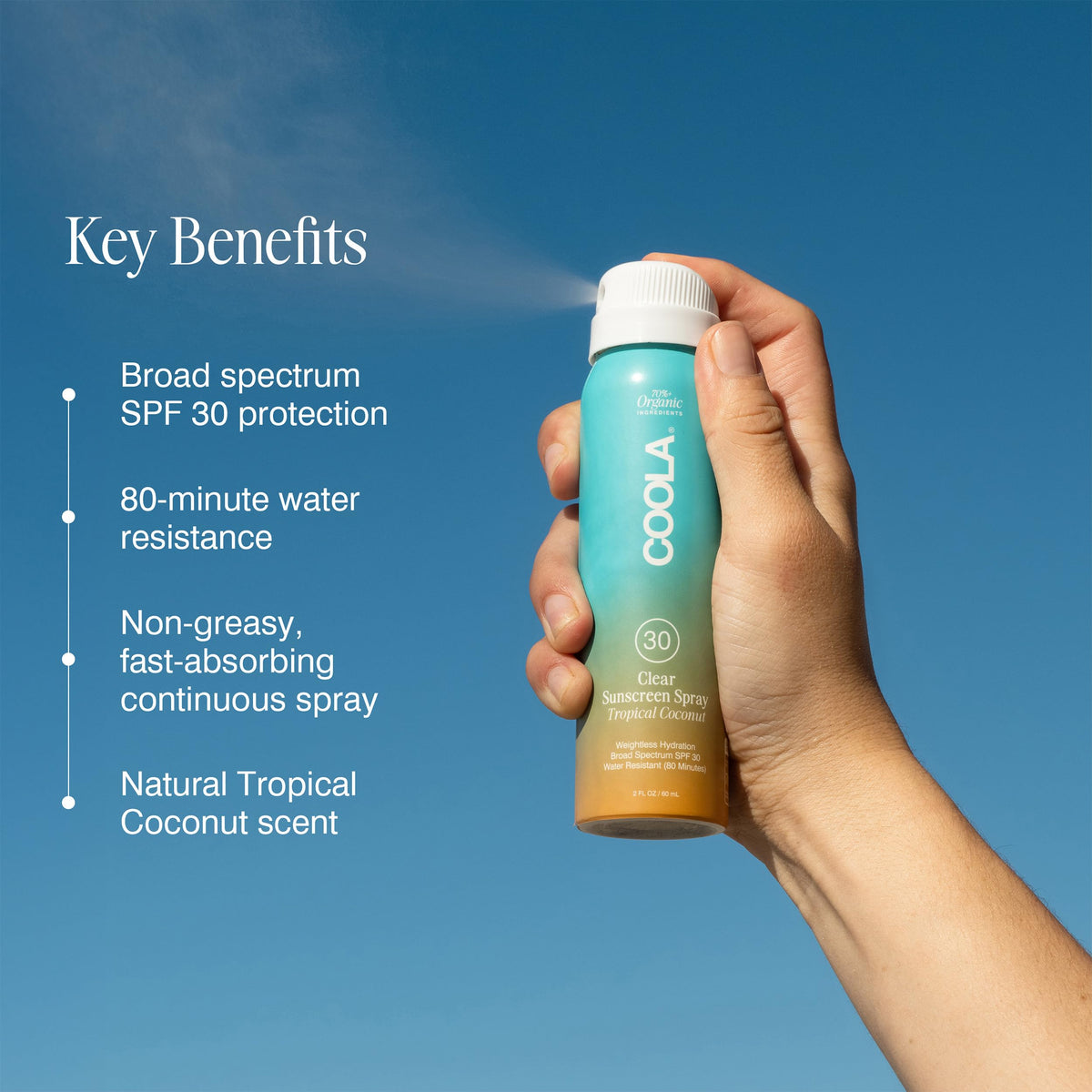COOLA close-up texture mist demonstrating lightweight absorption