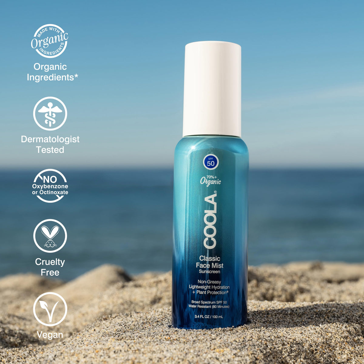COOLA label and ingredient list close-up highlighting organic and reef-compliant benefit