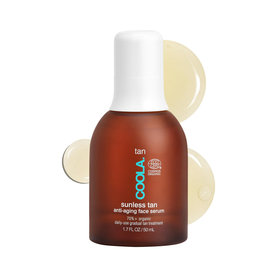 COOLA face serum front packaging showing bottle and piña colada scent, adds natural glow