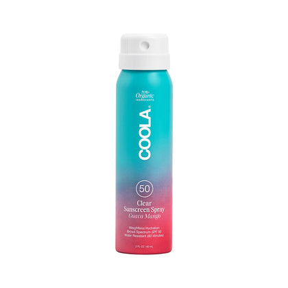 COOLA front packaging showing guava mango travel spray and SPF benefit