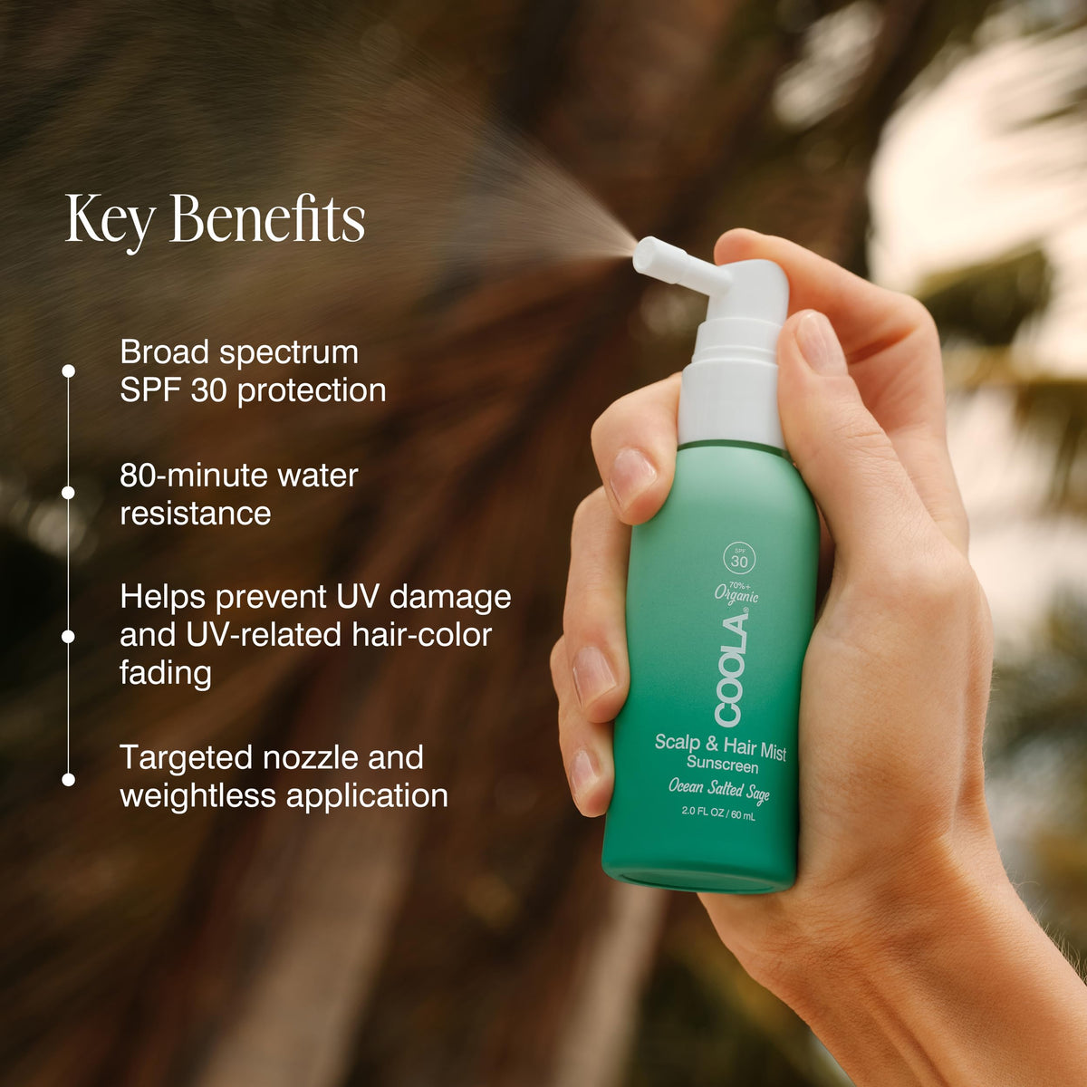 COOLA hair in sunlight illustrating color preservation and shine