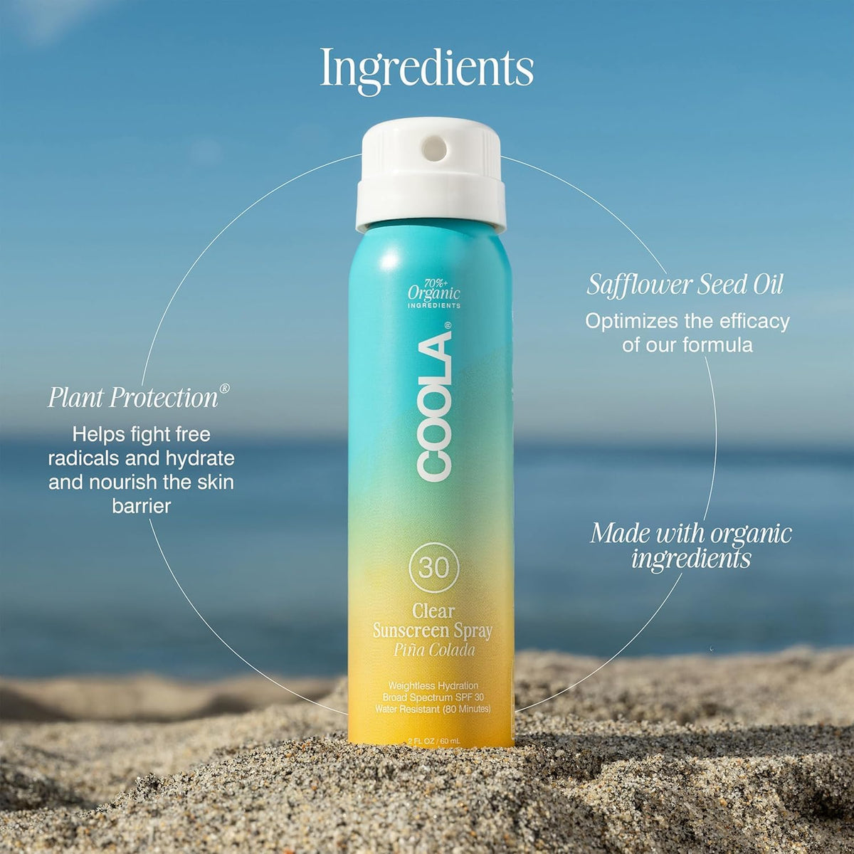 COOLA ingredients label close-up highlighting antioxidant plant benefits