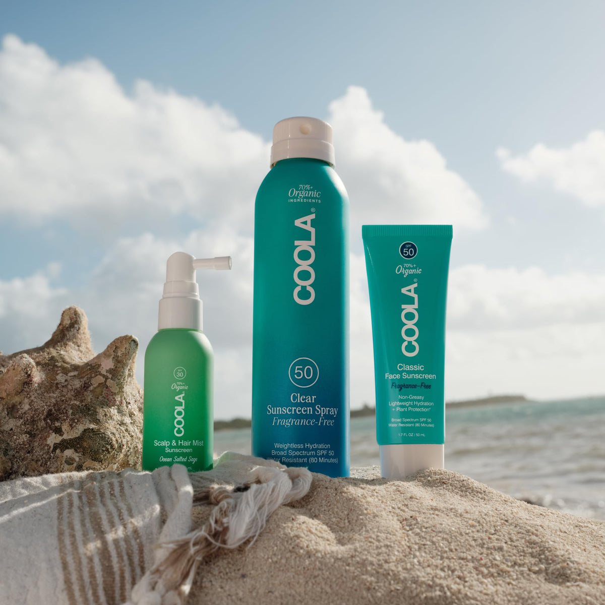 COOLA ingredients label highlighting organic and reef-compliant benefits