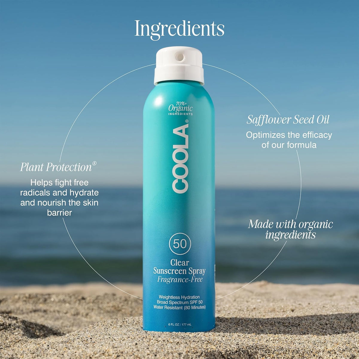 COOLA label close-up highlighting organic ingredients and claims