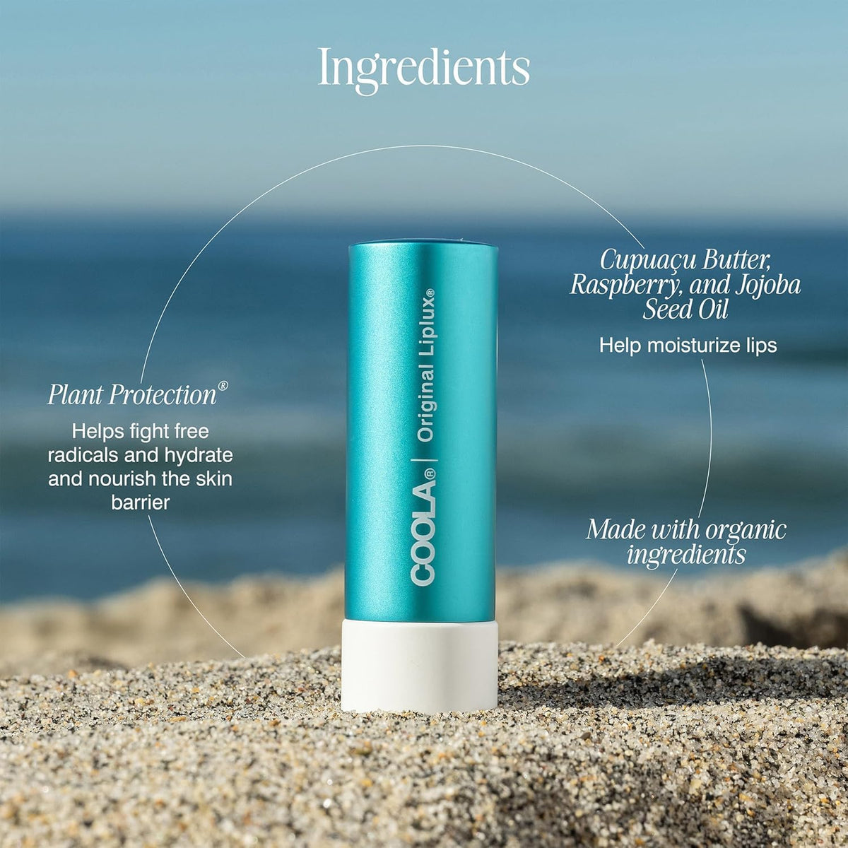 COOLA Liplux size comparison next to fingers showing portable 0.15 oz