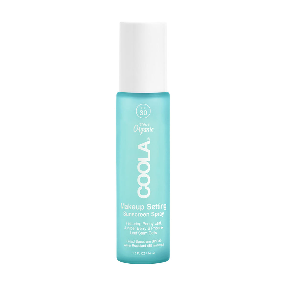 COOLA makeup setting spray front packaging showing compact bottle and SPF benefit