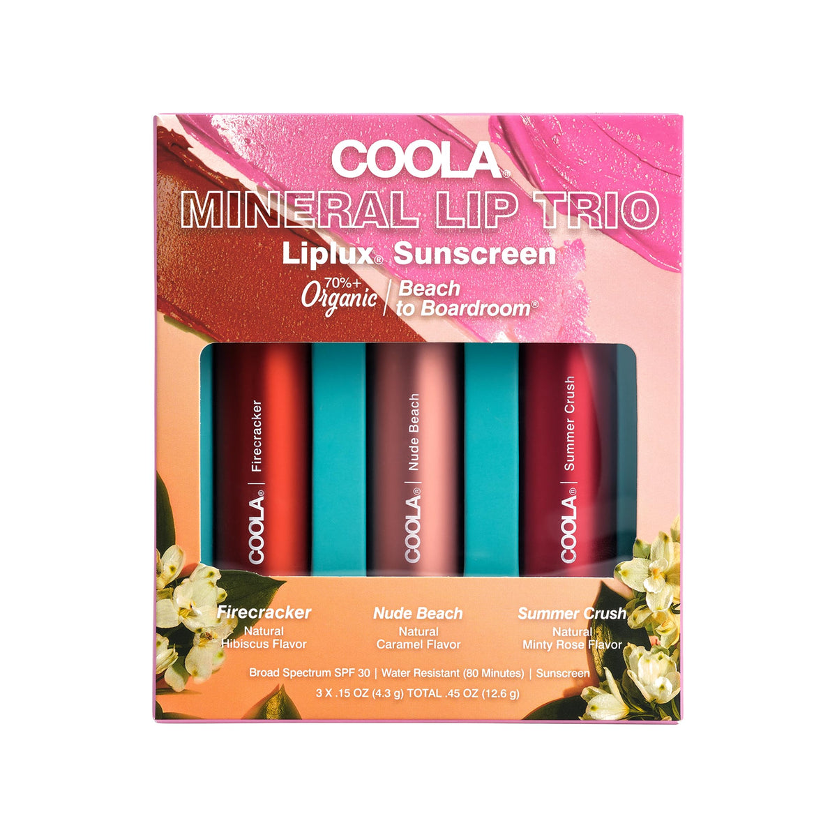 COOLA tinted liplux trio packaging front showing SPF 30 and shade variety benefits