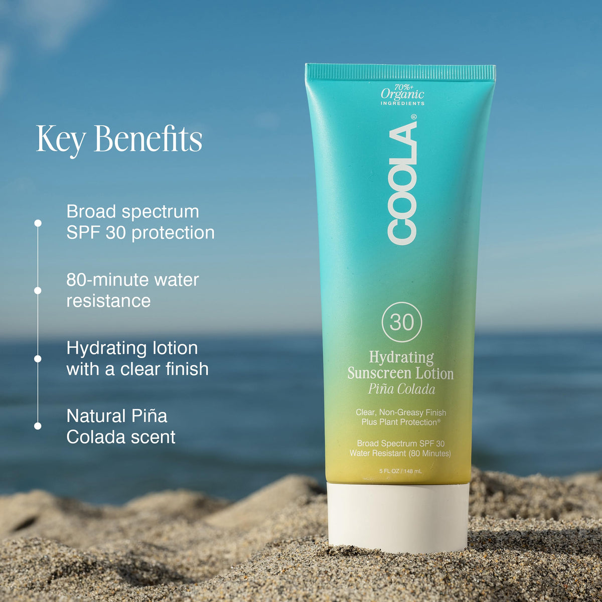 COOLA pump top and clear label close-up highlighting easy dispensing and ingredient claims