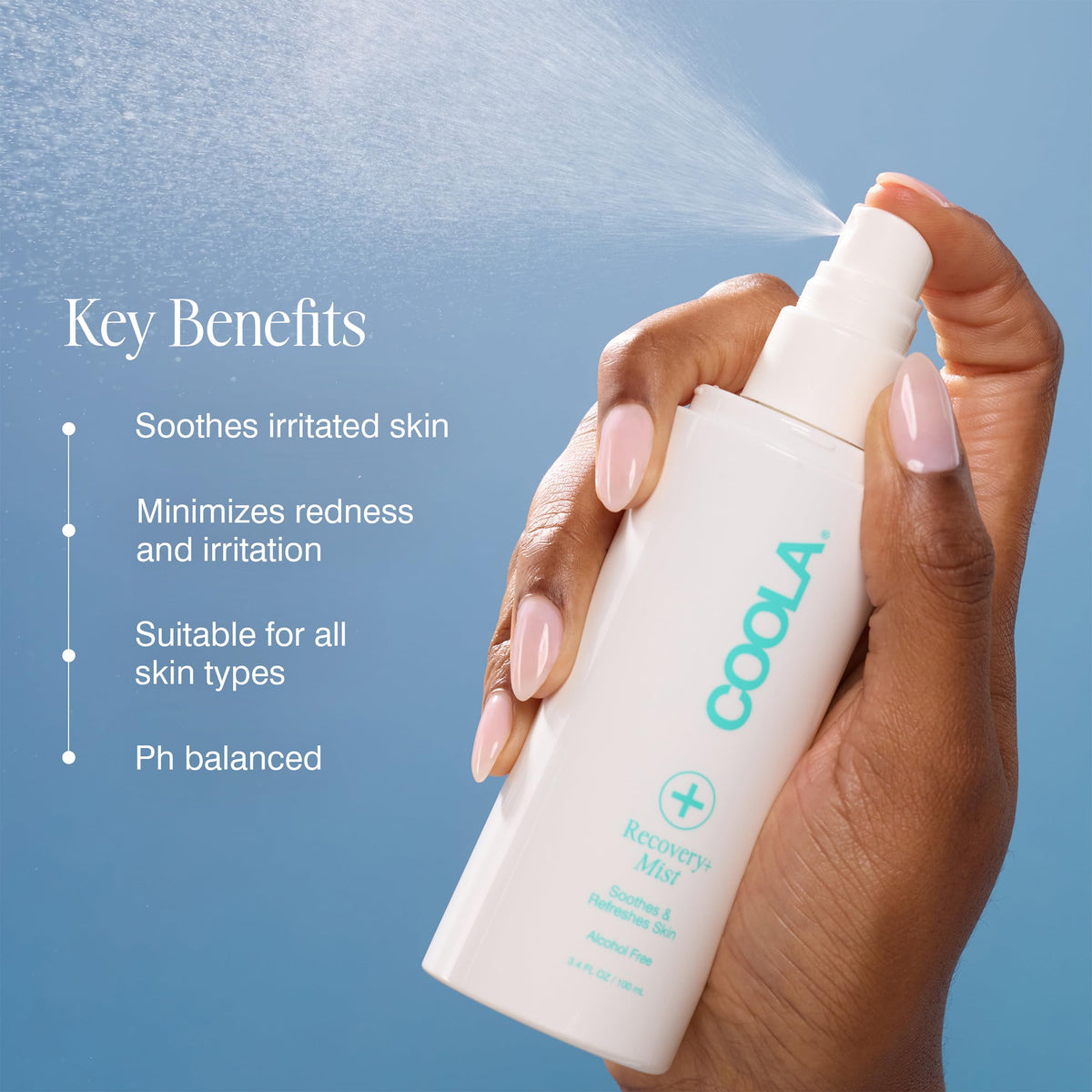 COOLA close-up label detailing hypochlorous acid ingredient and calming benefit