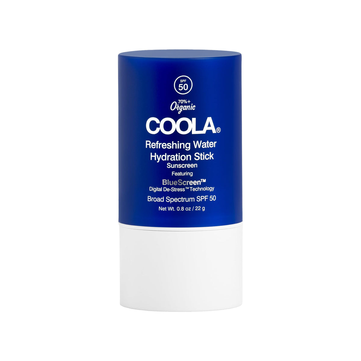 COOLA Refreshing Water Stick front packaging showing compact SPF 50 portable design