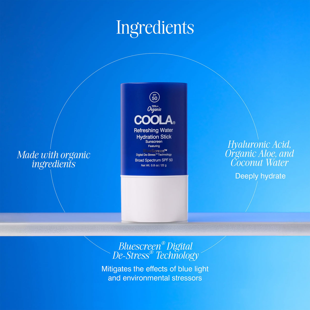 COOLA Refreshing Water Stick texture close-up showing dewy application and hydration