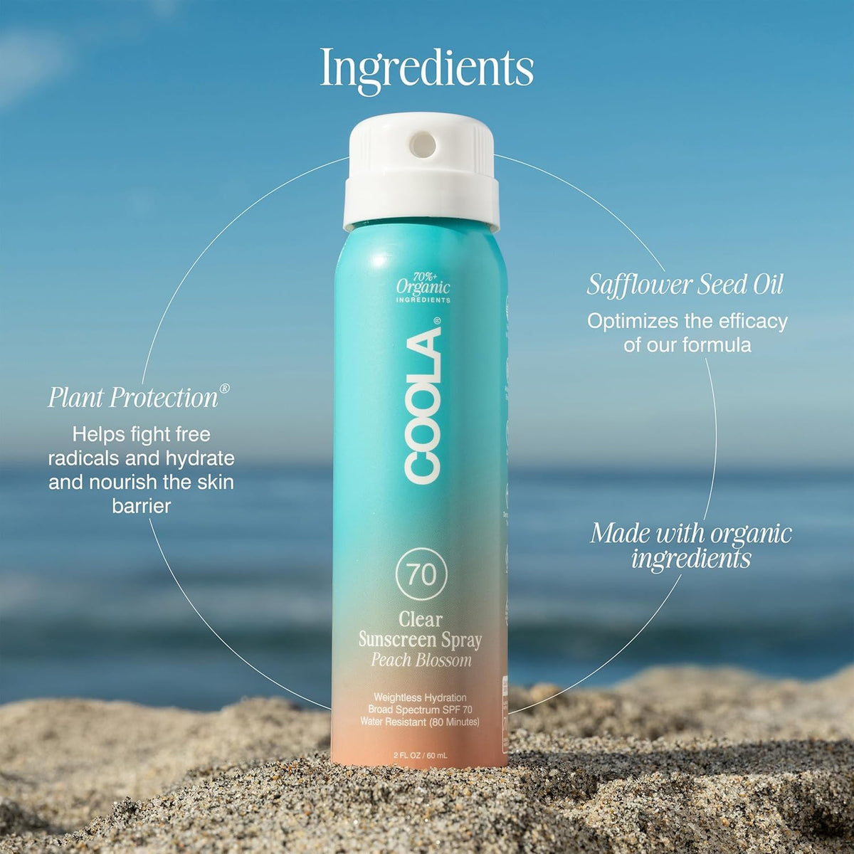COOLA bottle in hand showing 2 fl oz scale for easy portability
