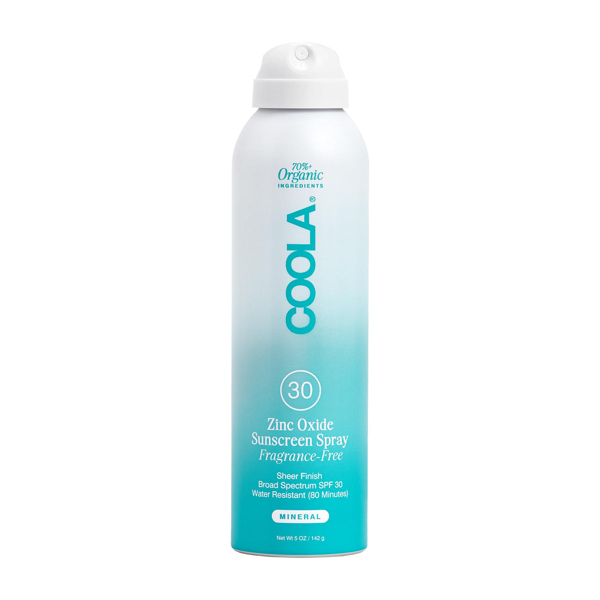 COOLA front packaging of SPF 30 mineral sunscreen spray showing size and label benefits