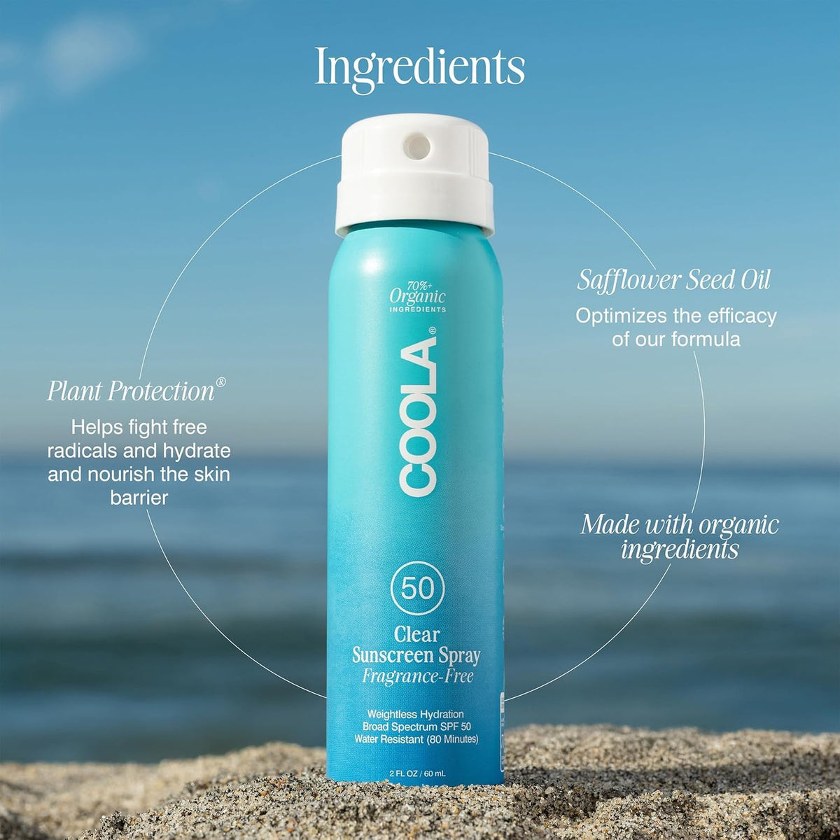 COOLA 2 fl oz next to passport to show travel-friendly size and portability